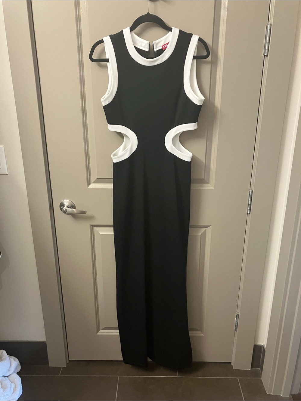 STAUD Black and White Cutout Backless Maxi Dress